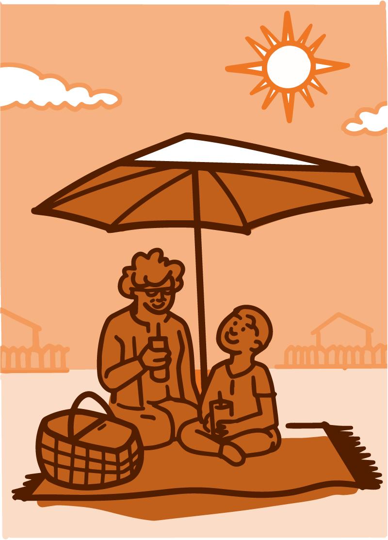 Ilustración de un abuelo con su nieto haciendo un picnic bajo una sombrilla.