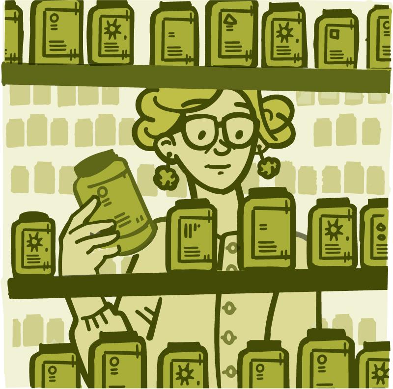 Ilustración de una mujer mirando suplementos en una tienda