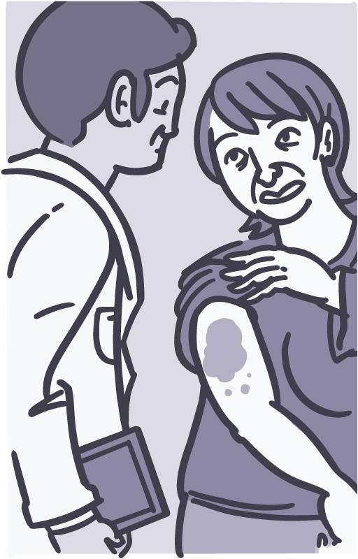 Ilustración de una mujer que muestra sus moretones a su proveedor de atención médica