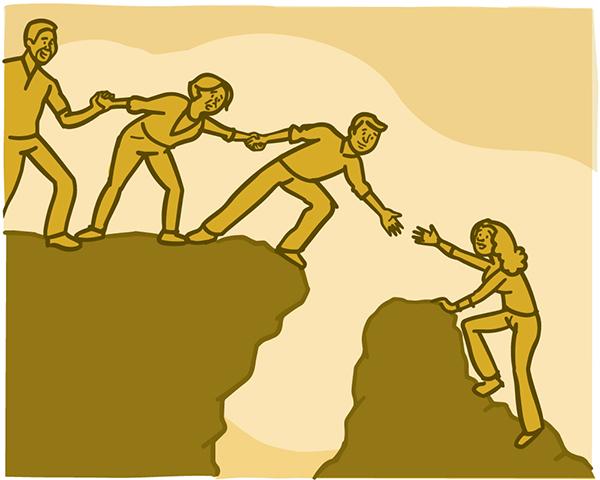 Ilustración de un grupo de personas ayudando a otra en la grieta de una montaña