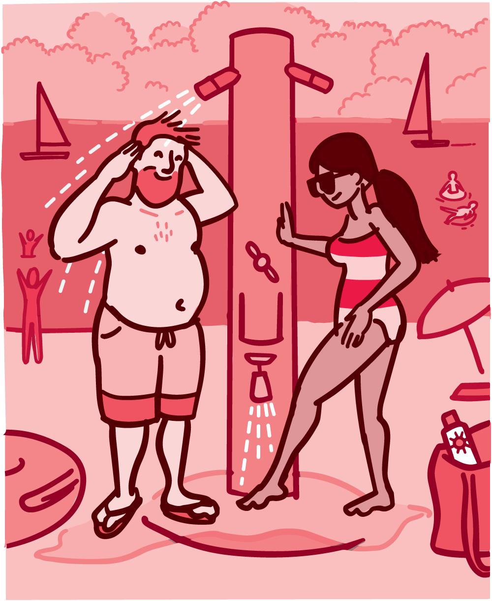 Ilustración de un hombre y una mujer enjuagándose en una ducha en la playa（音乐节）