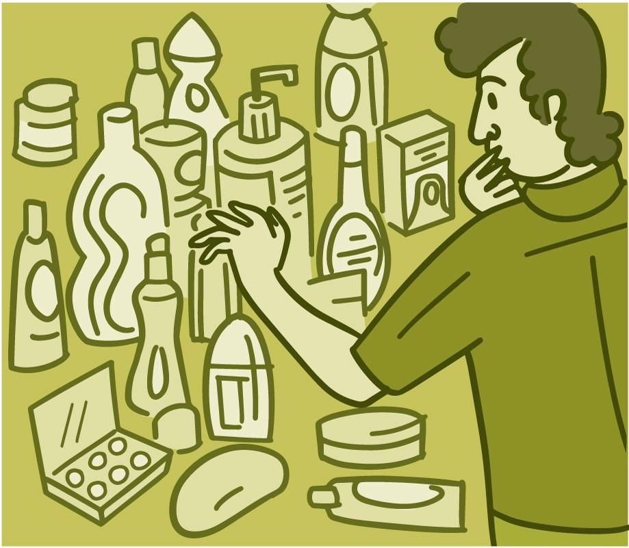 Ilustración de una persona mirando productos de cuidado personal.