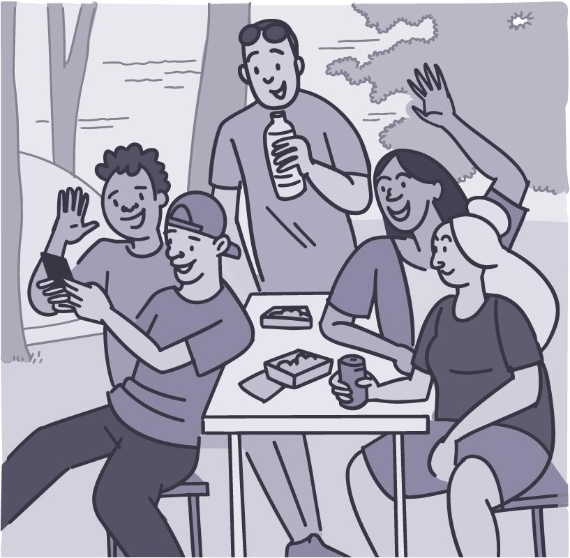 Una ilustración de un grupo de amigos tomándose una selfi afuera en una mesa de picnic