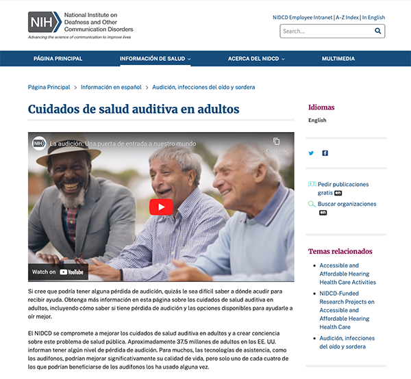 Captura de pantalla del sitio web Cuidados de salud auditiva en adultos.
