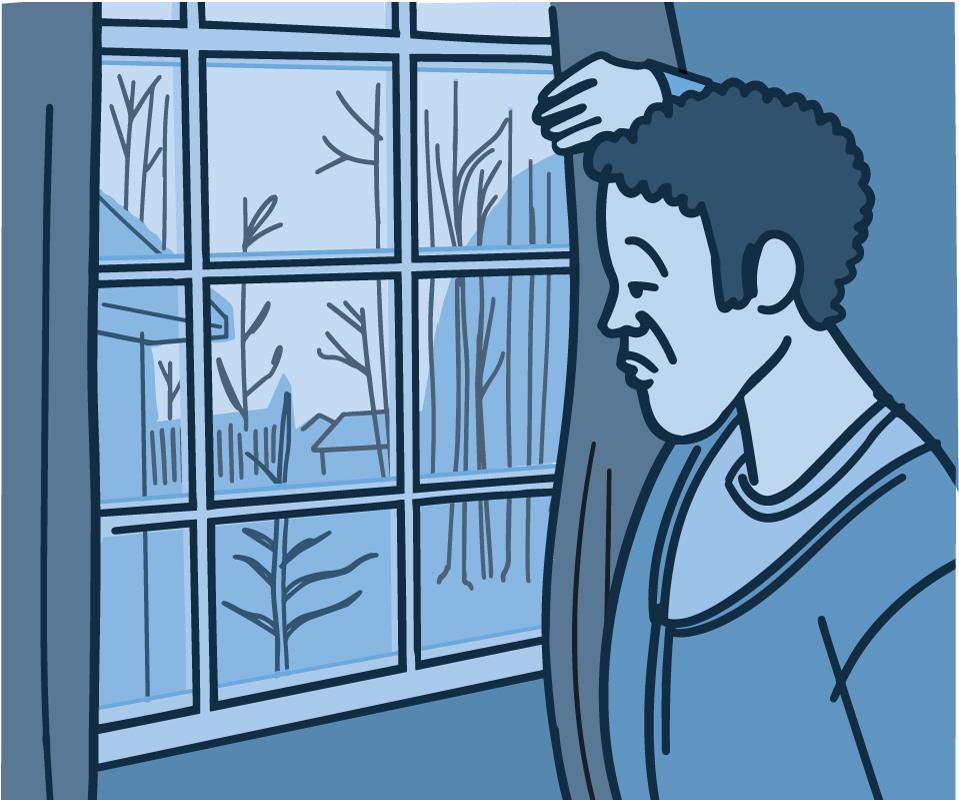 Una ilustración de un hombre de aspecto triste y mirando por la ventana.