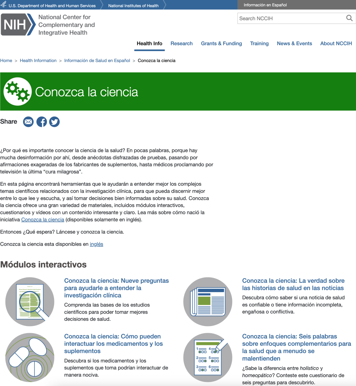 Captura de pantalla del sitio web Conozca la ciencia