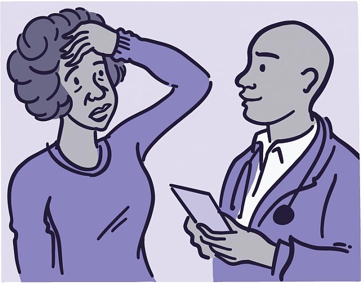 Ilustración de mujer que habla con su médico.