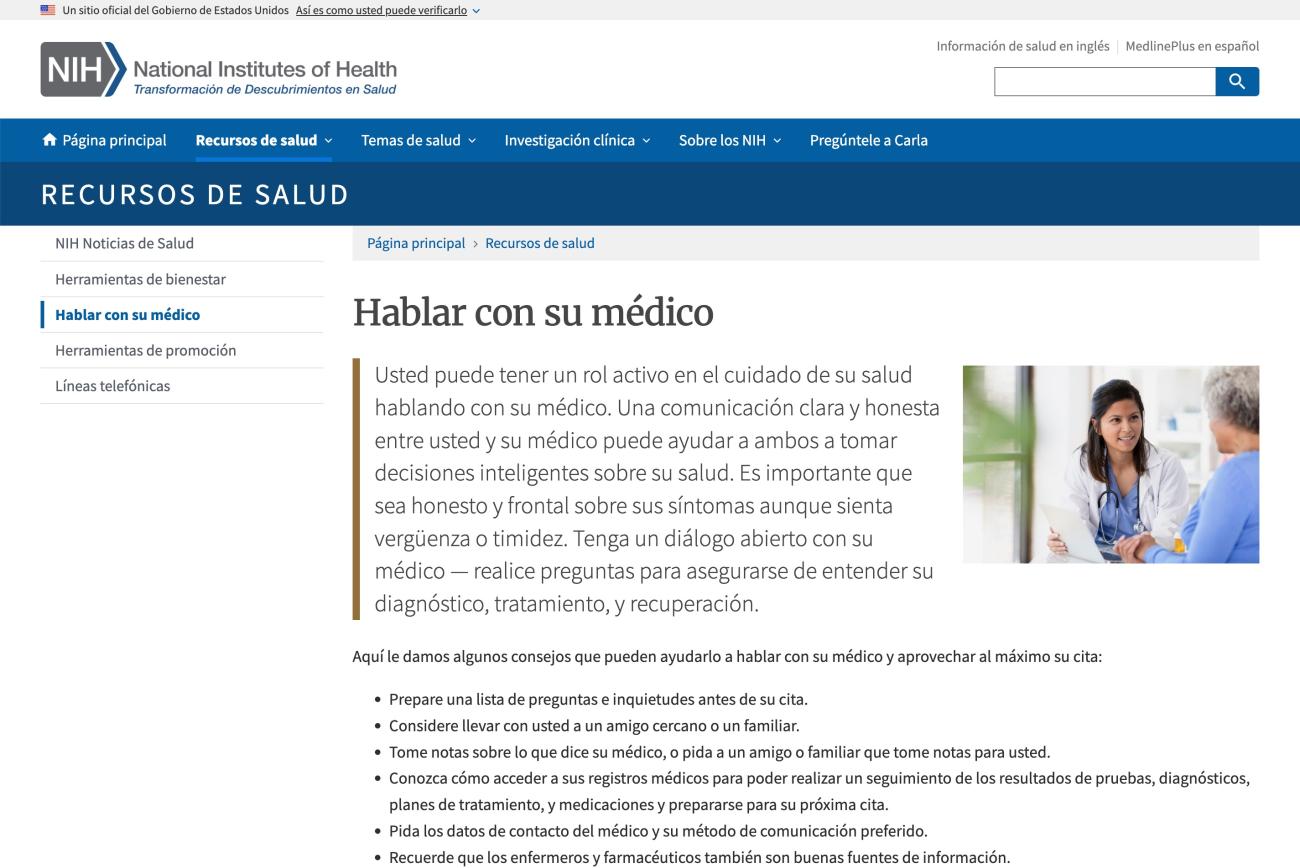 Captura de pantalla de la página web Hablar con su médico o proveedor de atención médica