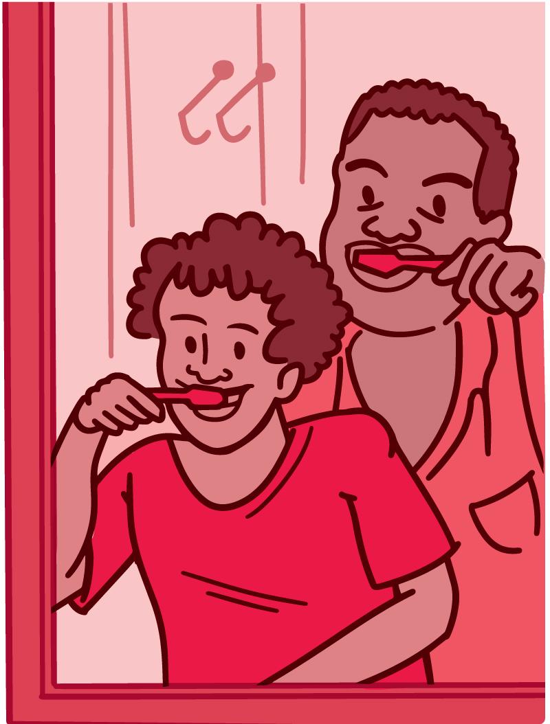 Ilustración de un padre y su hijo cepillándose los dientes juntos frente al espejo del baño.