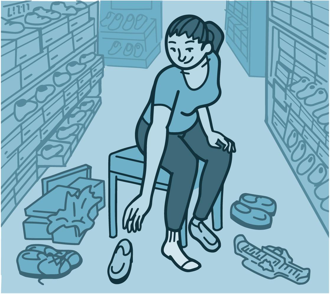 Una ilustración de una mujer en una zapatería probándose zapatos