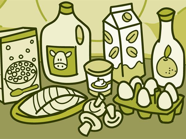 Ilustración del sol brillando sobre los alimentos con vitamina D
