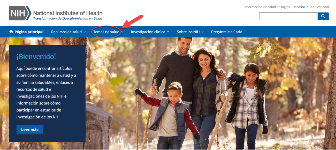 Captura de pantalla de la página principal actualizada de Salud