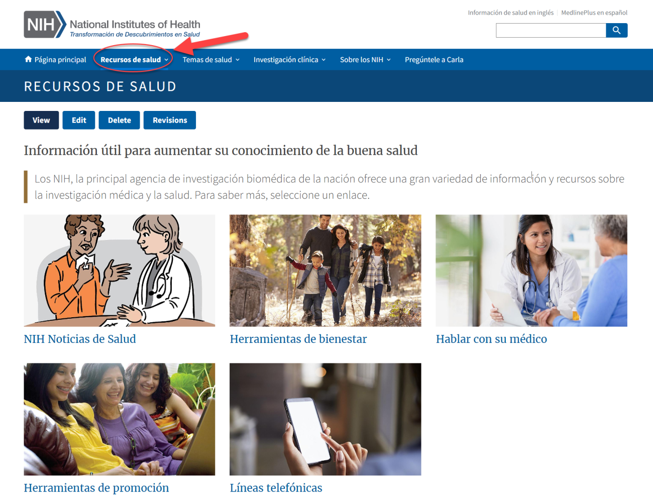 una captura de pantalla de la nueva página de Recursos de salud con una flecha que apunta al menú Recursos de salud