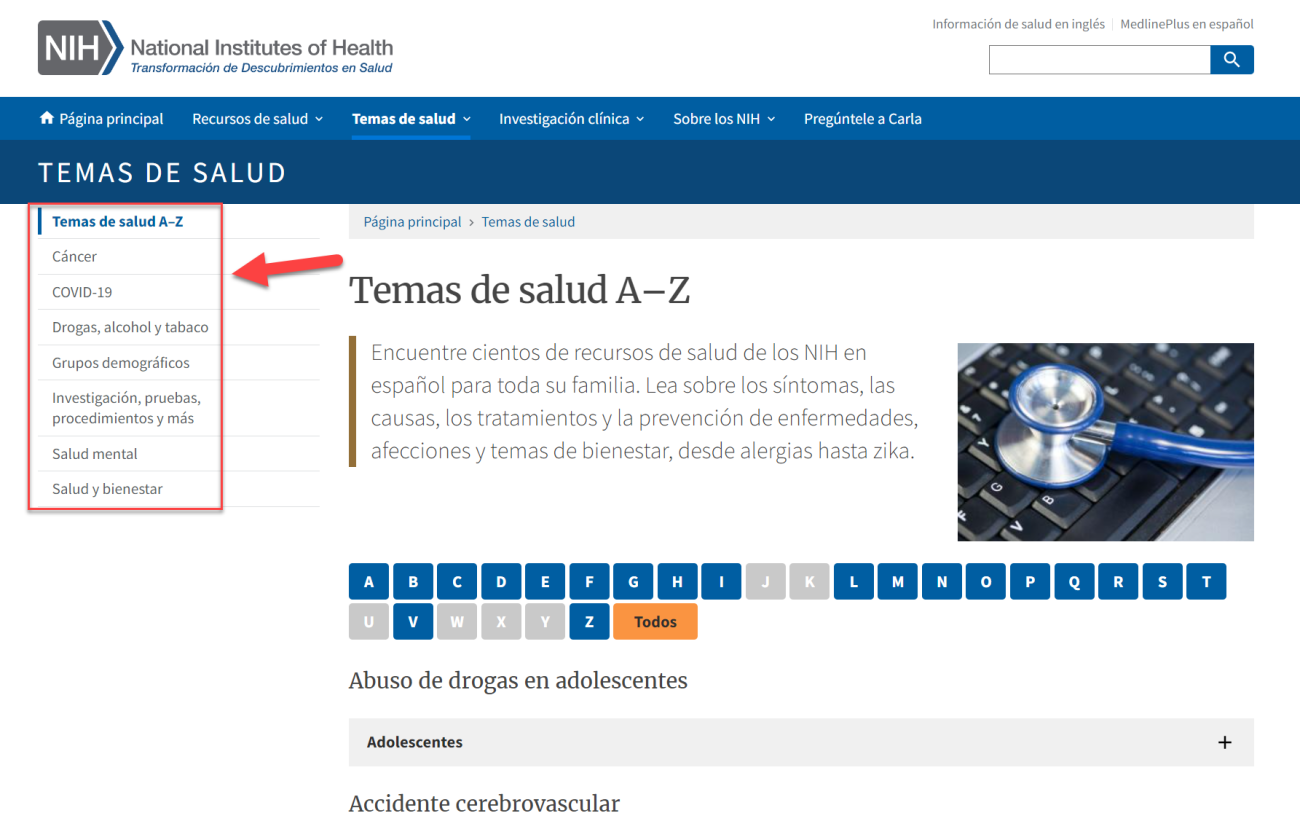 una captura de pantalla de la nueva página de Temas de salud A-Z con una flecha que apunta al nuevo menú de navegación