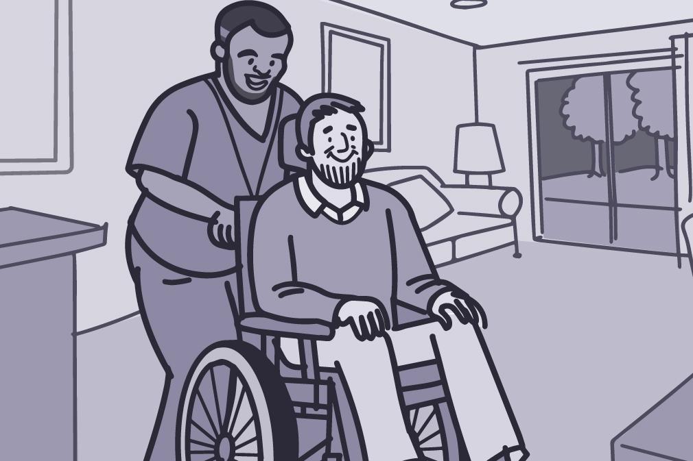 Imagen de un trabajador de salud que empuja a una persona con ELA en una silla de ruedas.