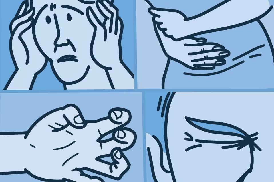 Ilustración de cuatro paneles que muestran diferentes usos del bótox: arriba a la izquierda, dolor de cabeza; arriba a la derecha, dolor de estómago; abajo a la izquierda, dedos de la mano doblados; abajo a la derecha, arrugas en los ojos.