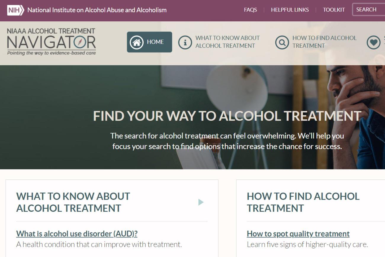 Captura de pantalla del sitio web del Alcohol Treatment Navigator