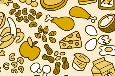 Ilustración de diferentes tipos de alimentos en los cinco grupos de alimentos: verduras, frutas, productos lácteos, aceites y proteínas.