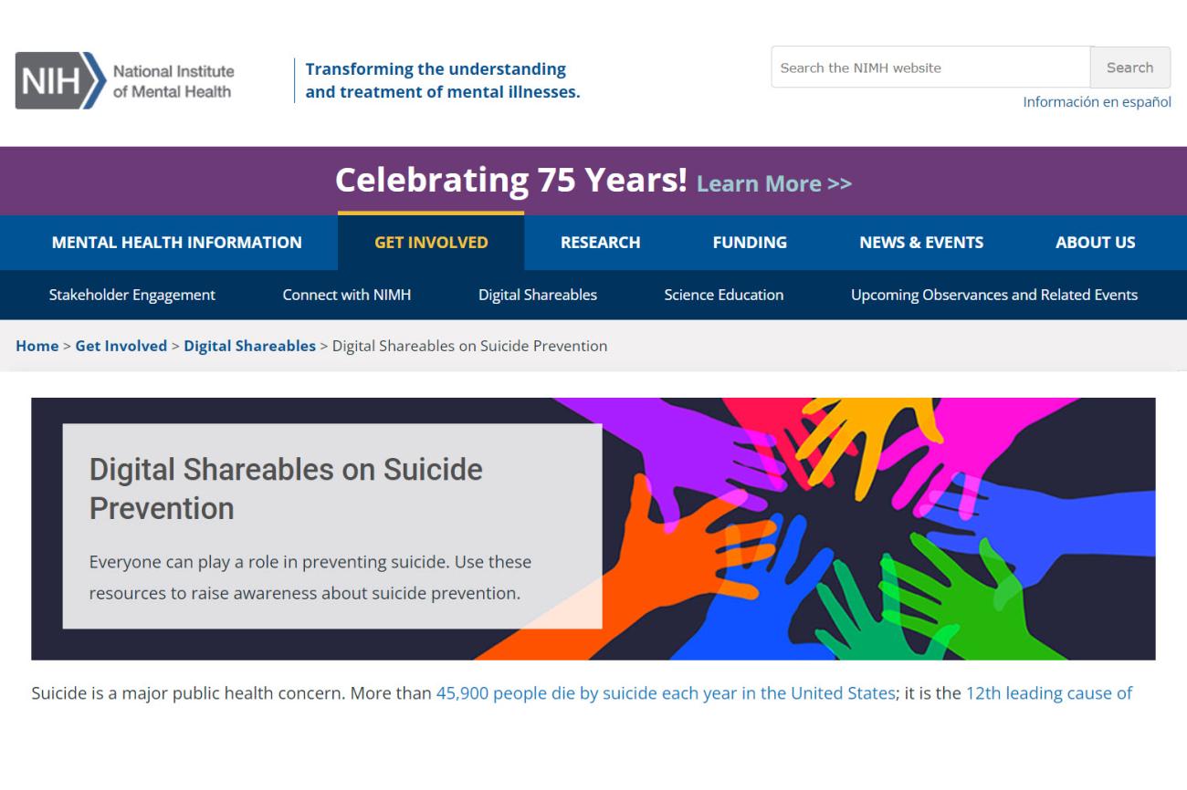 Captura de pantalla de materiales digitales para compartir sobre la prevención del suicidio