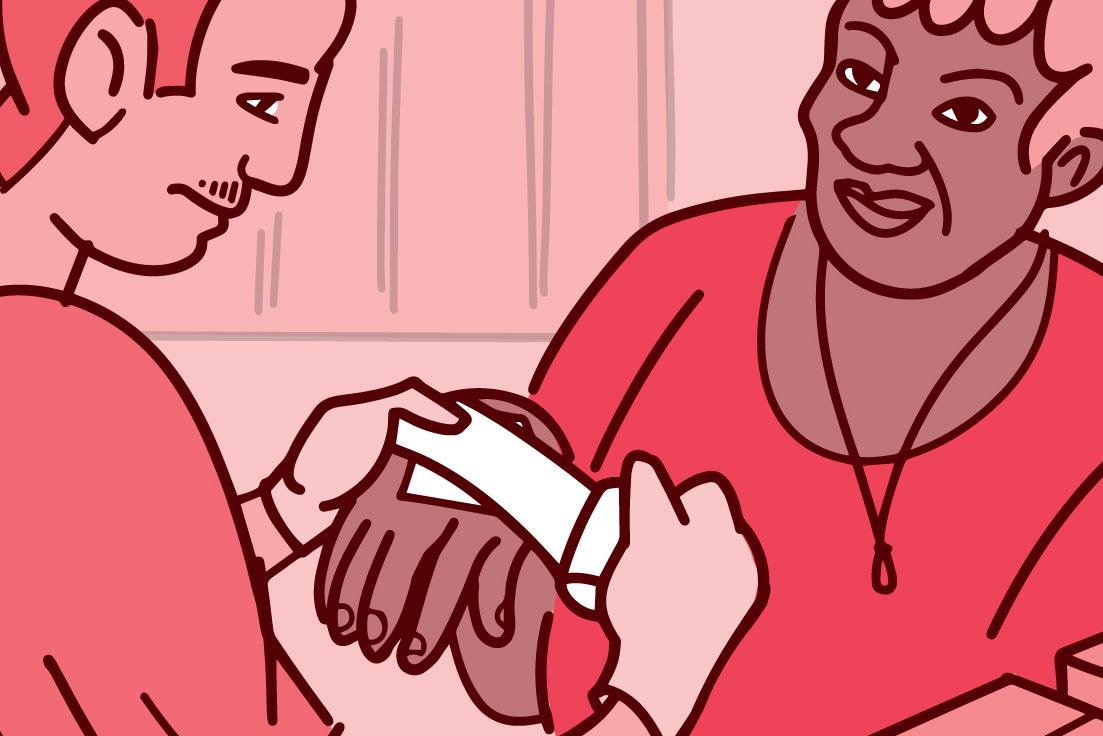 Ilustración de una persona vendando la mano de una mujer.