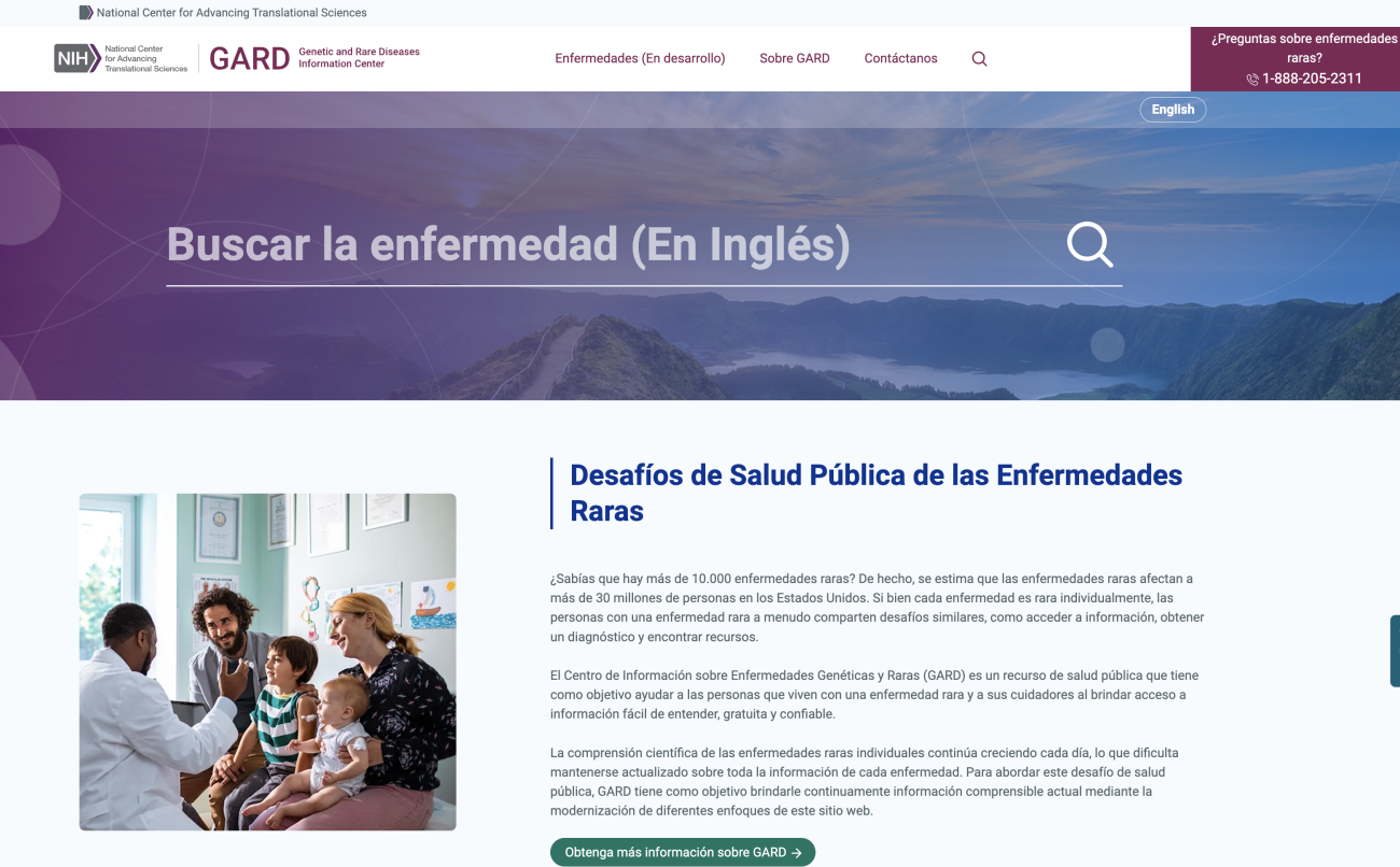 Captura de pantalla del Centro de información sobre enfermedades genéticas y raras