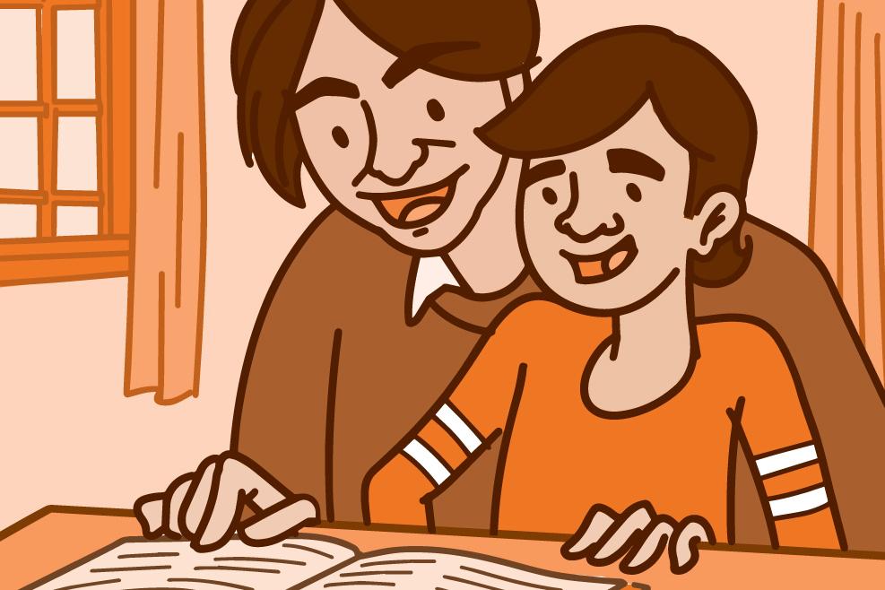 Ilustración de un padre y su hijo leyendo en una mesa.