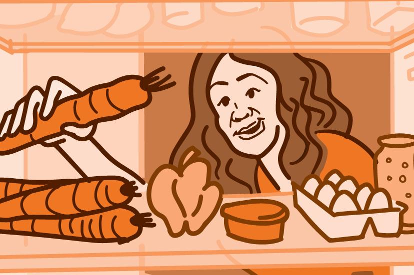 Ilustración de una mujer sacando una zanahoria del refrigerador.