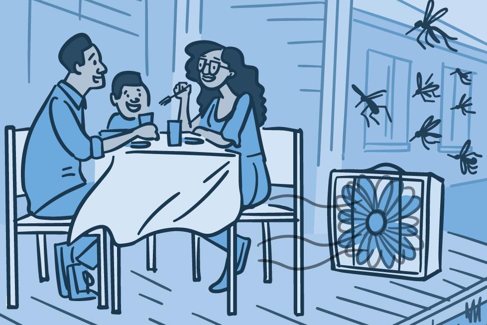 Ilustración de una familia comiendo al aire libre mientras usan un ventilador para protegerse de los mosquitos.