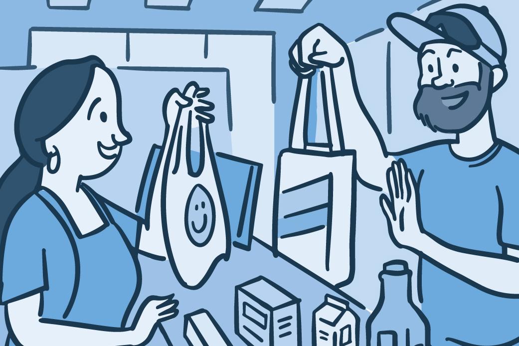 Ilustración de un hombre que rechaza una bolsa de plástico en un supermercado para usar su propia bolsa reutilizable.