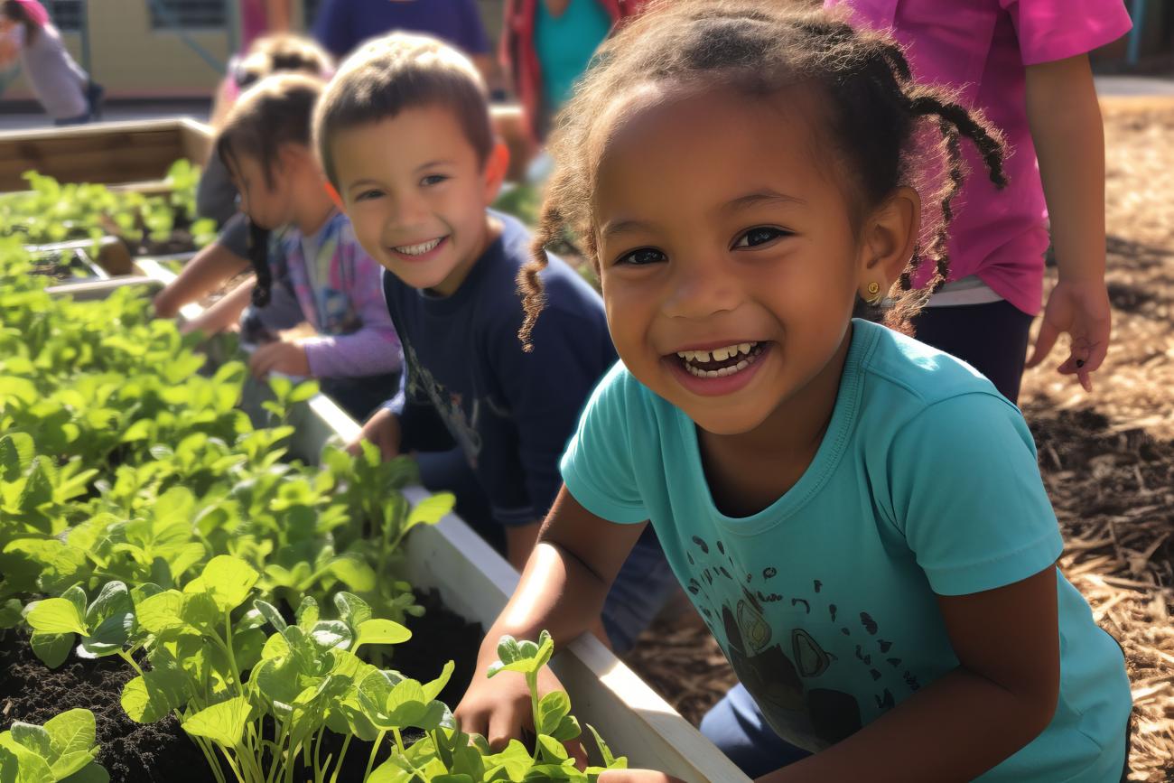 Niños pequeños están cuidando las plantas de un huerto comunitario. Imagen generada por inteligencia artificial (IA).