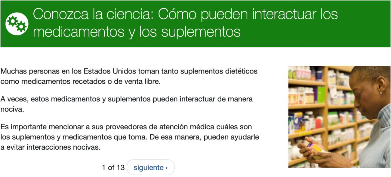 Captura de pantalla de la página de internet en español de Conozca la ciencia: Cómo interactúan los medicamentos y los suplementos.