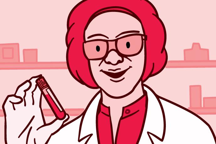 Ilustración de una profesional de atención médica sosteniendo un frasco de vidrio que contiene una muestra de sangre.