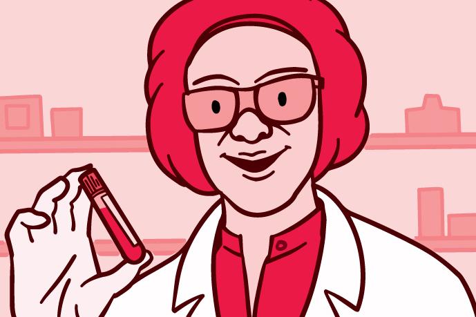 Ilustración de una profesional de atención médica sosteniendo un frasco de vidrio que contiene  una muestra de sangre.