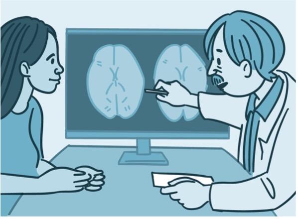 Ilustración de un médico mostrándole a una paciente una resonancia magnética (RM) del cerebro.