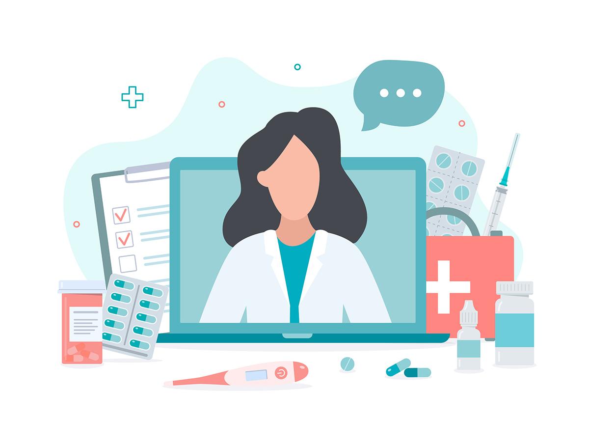 Un dibujo de una proveedora de cuidado de salud emergiendo de una pantalla de una computadora, rodeada de cosas relacionadas con la medicina.