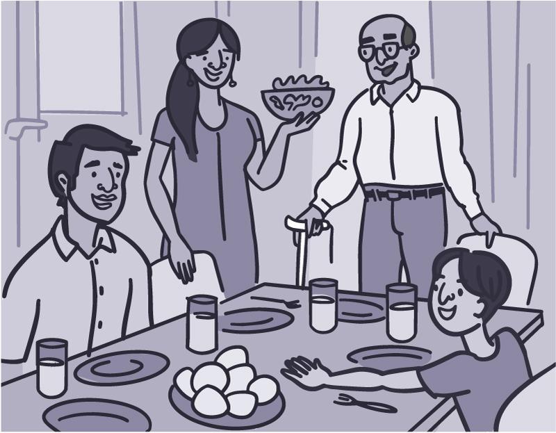 Ilustración de una familia alrededor de una mesa, con el abuelo apoyándose en un bastón, el hijo mostrando el brazo sobreextendido y una mamá sirviendo una ensalada.