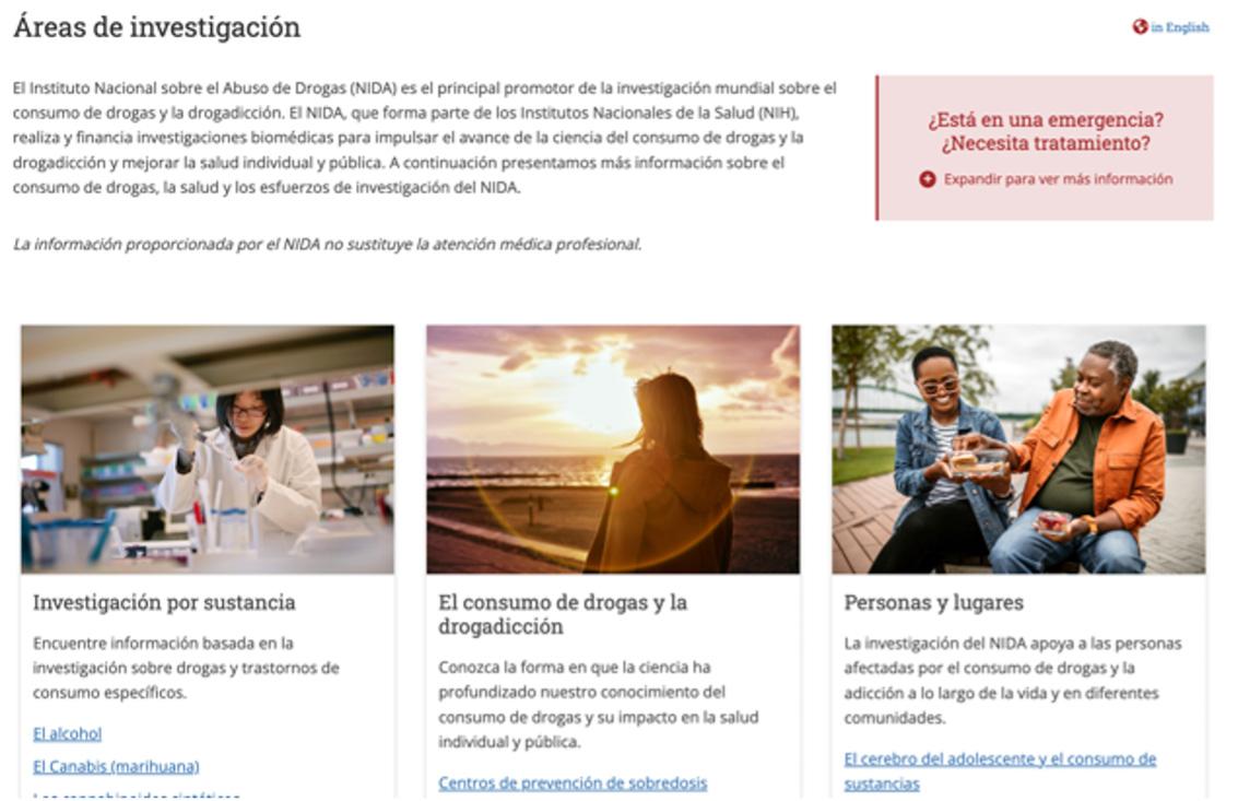 Captura de pantalla de la página web  del Instituto Nacional sobre el Abuso de Drogas (NIDA, por sus siglas en inglés).