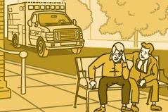 Ilustración de un hombre sentado en un banco de un parque con la mano en su cabeza, esperando una ambulancia mientras una persona lo conforta.