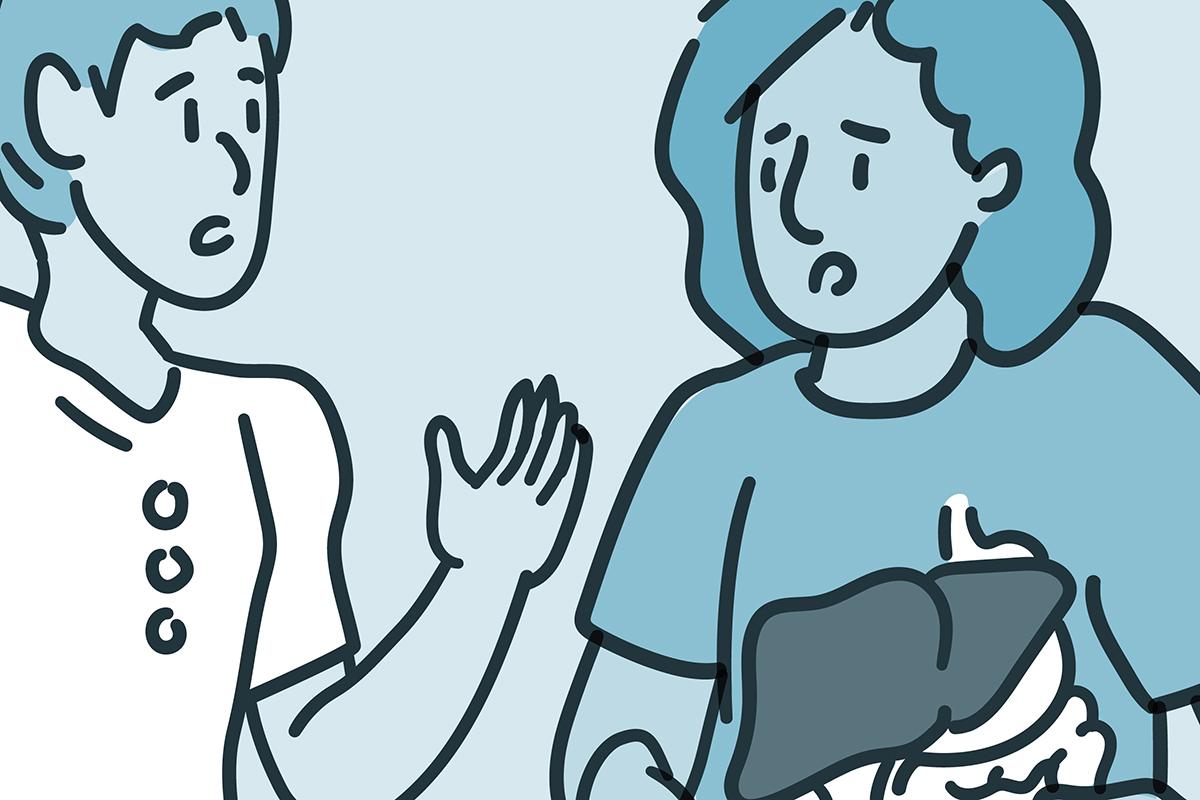 Una ilustración muestra a una mujer estresada tocando su abdomen, mientras está hablando con otra persona.