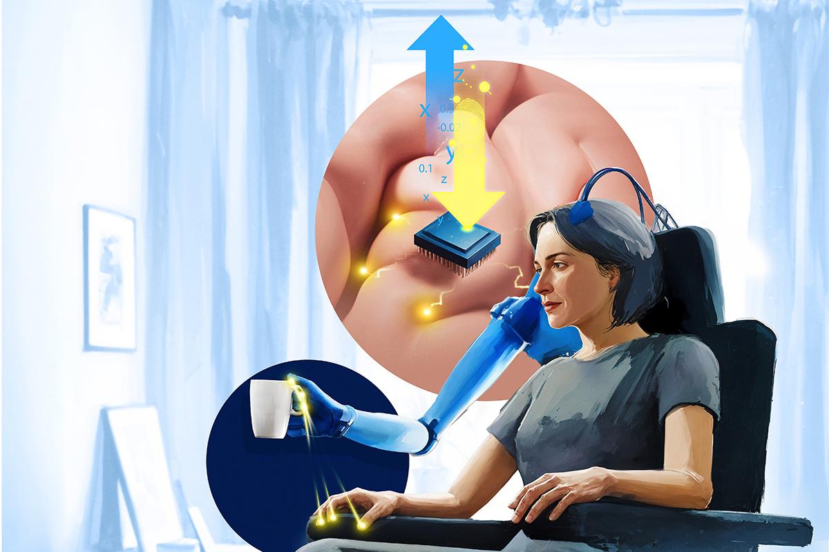 Una ilustración muestra a una mujer sentada en una silla controlando un brazo biónico a través de señales cerebrales.