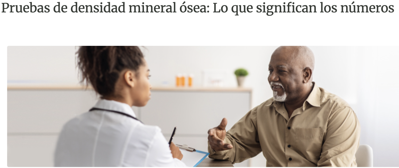 Una captura de pantalla muestra la página web titulada “Pruebas de densidad mineral ósea: lo que significan los números”.