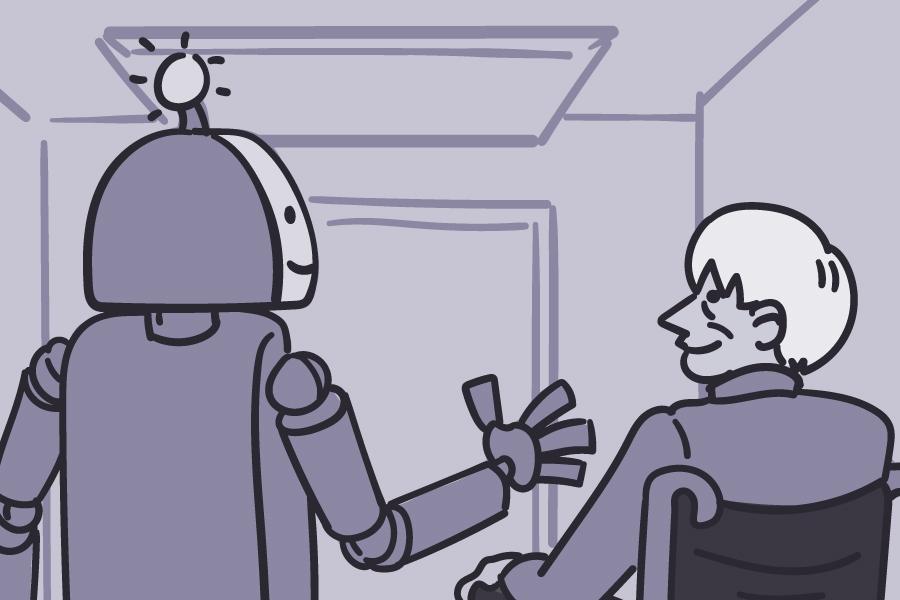 Una ilustración muestra a un robot sonriendo, junto a un hombre mayor en una silla de ruedas, quien también está sonriendo.