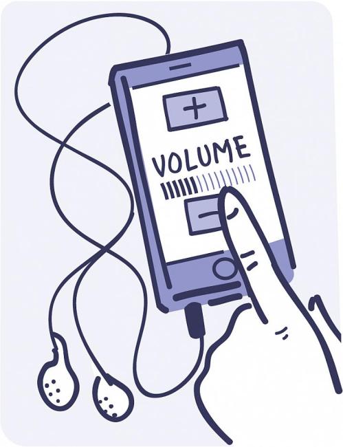 Ilustración de un dedo bajando el volumen en un reproductor de audio con auriculares.