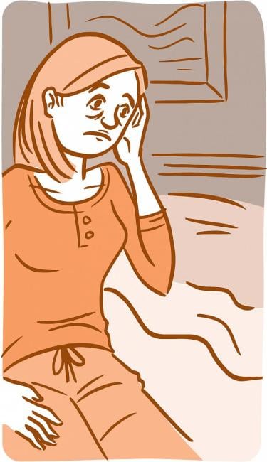 Ilustración de una mujer que luce cansada e infeliz tocándose las sienes.