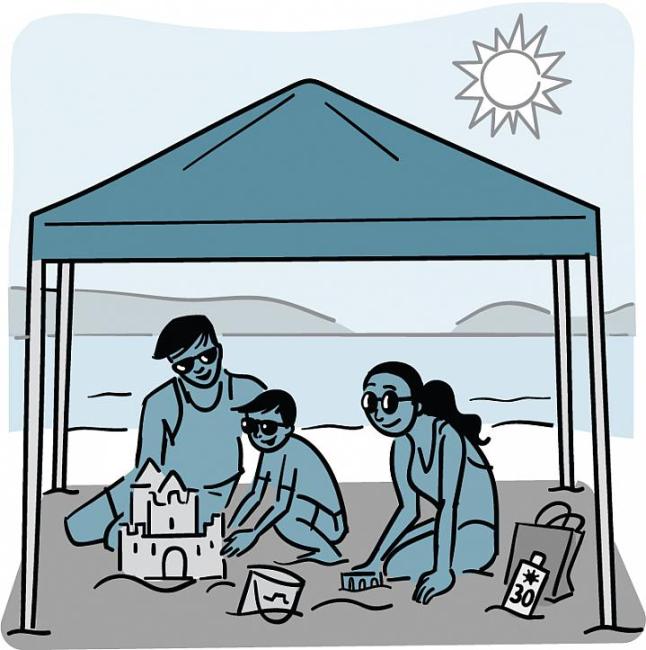  Ilustración de una familia bajo la sombra de un toldo en la playa.