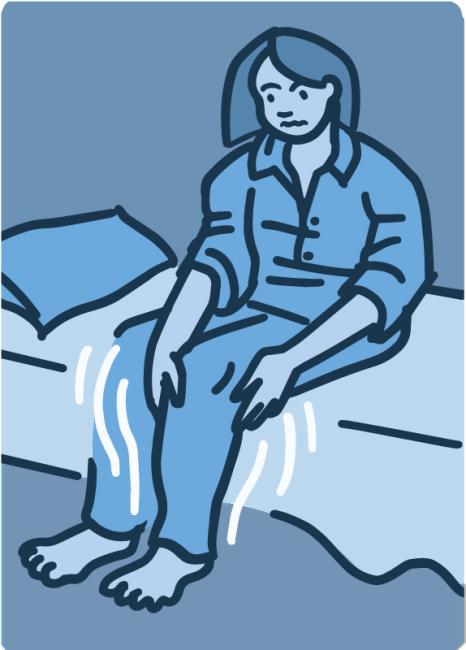 Ilustración de una mujer sentada en el borde de su cama con las piernas inquietas