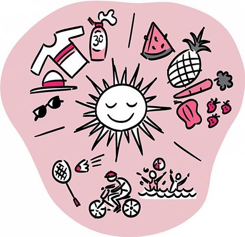 Ilustración del sol rodeado de productos frescos, equipo de protección solar y personas que se divierten al aire libre.