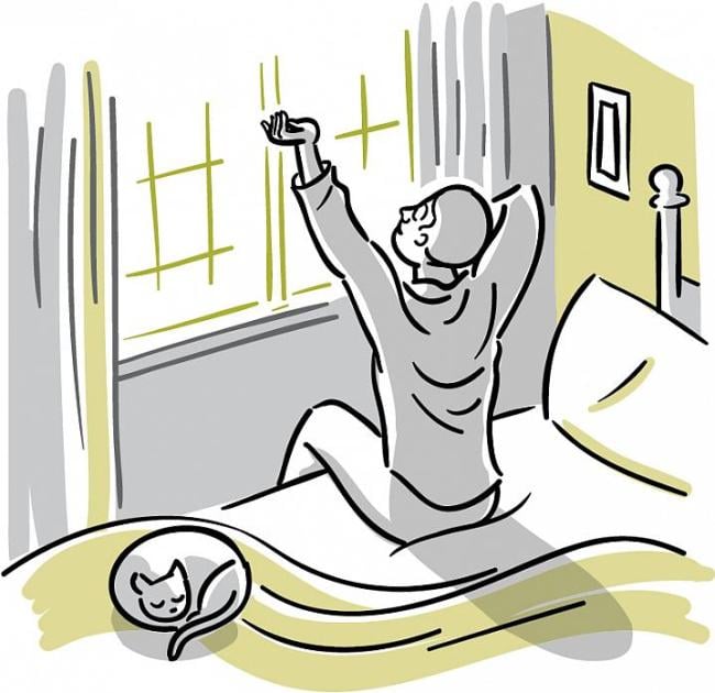 Ilustración de un hombre que se despierta y se estira frente a una ventana soleada.