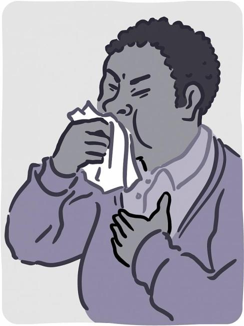 Ilustración de un hombre tosiendo en un pañuelo descartable.