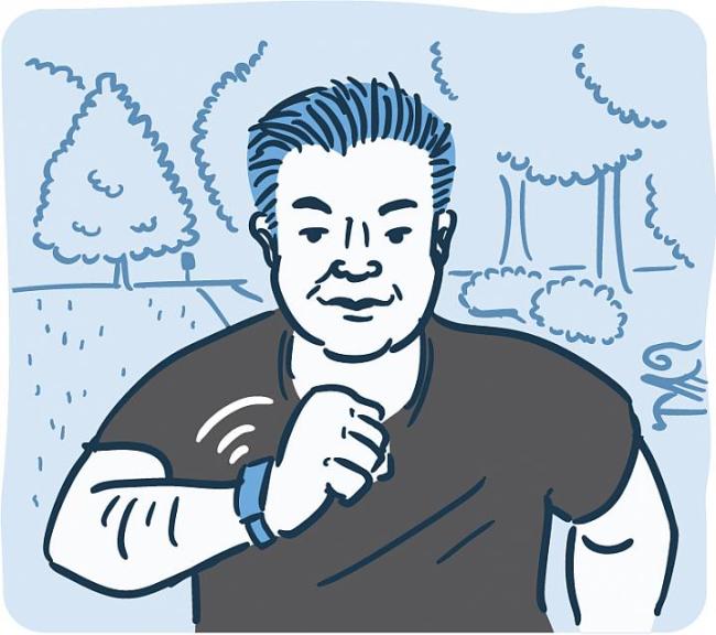 Ilustración de un hombre corriendo mirando un sensor de salud en su muñeca.